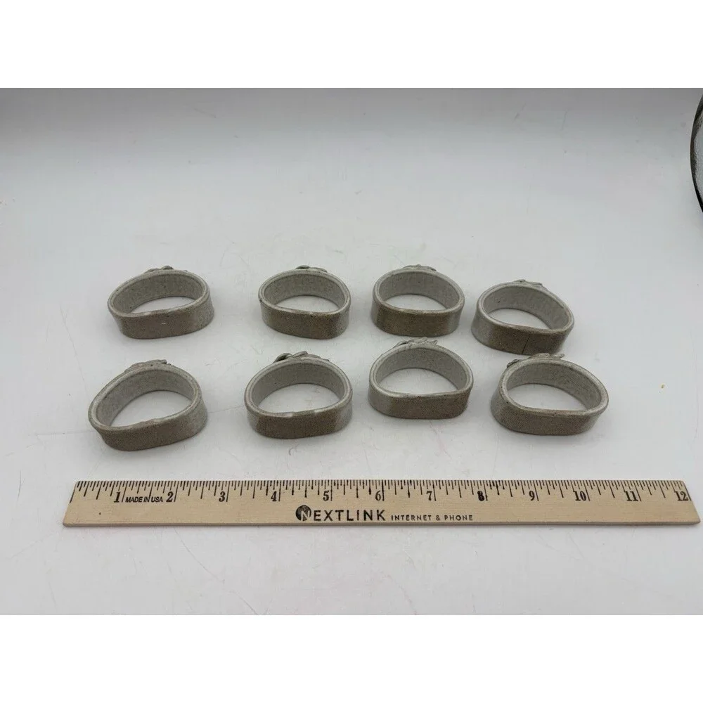 Set of 8 Handmade Studio Pottery Floral Stoneware Napkin Rings Rustic